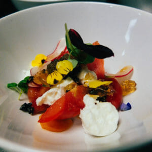 Flowers, cheese, pickled beets